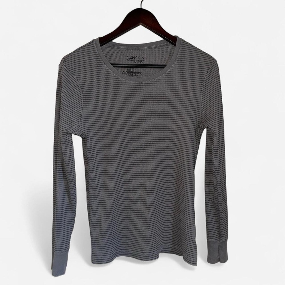 Danskin Now Gray Black Striped Long Sleeve Knit Active Tee T Shirt Top